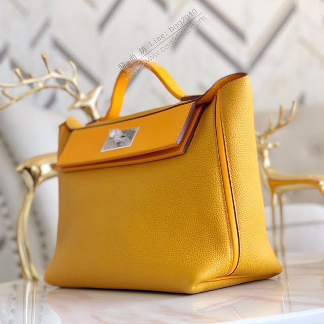 Hermes包包 愛馬仕Hermes Kelly2424 琥珀黃 銀扣 togo小牛皮 半手工制 Hermes休閒女款手提包  am1930